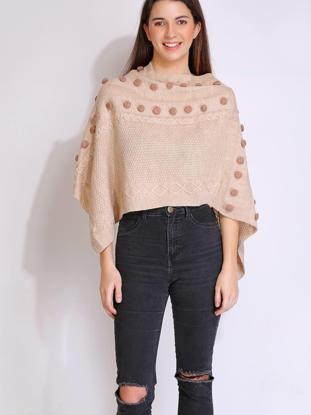 Women's Beige Pom-Pom Knit Poncho Sweater